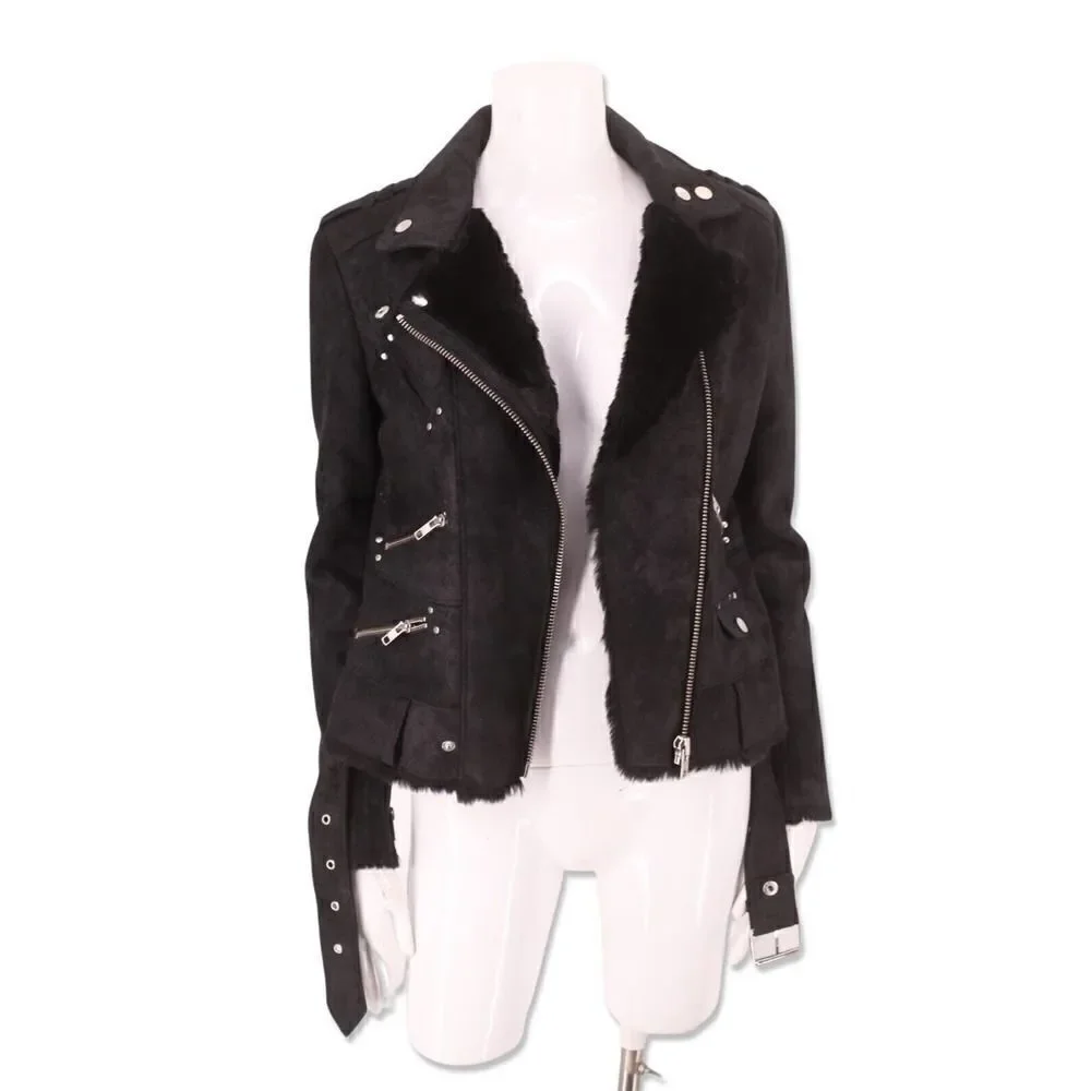 The Kooples black faux suede moto biker fur lined jacket vegan leather S - Picture 6 of 9